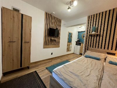 Standard Apartman, 2 fő: francia ágy, szekrény és TV.